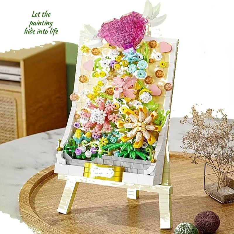 New Artistic Creational Floral Easel Combine Building Blocks with Paintings Ornaments