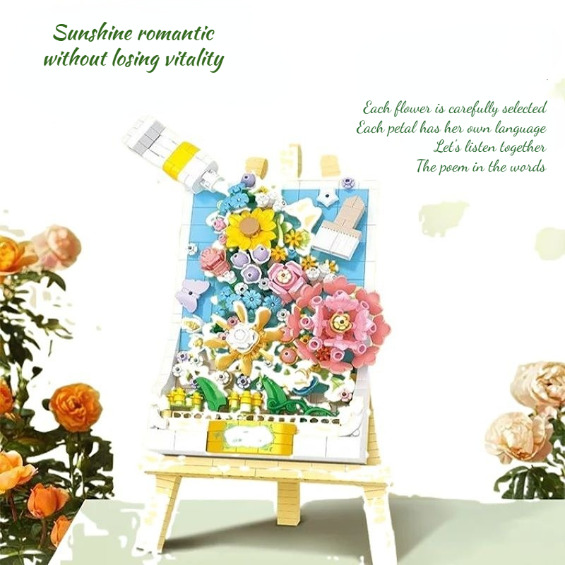 New Artistic Creational Floral Easel Combine Building Blocks with Paintings Ornaments